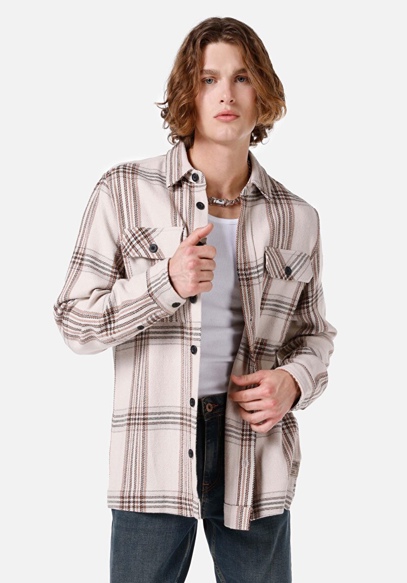 Comfort Fit Shirt Neck Ekoseli Erkek Bej Uzun Kol Gömlek