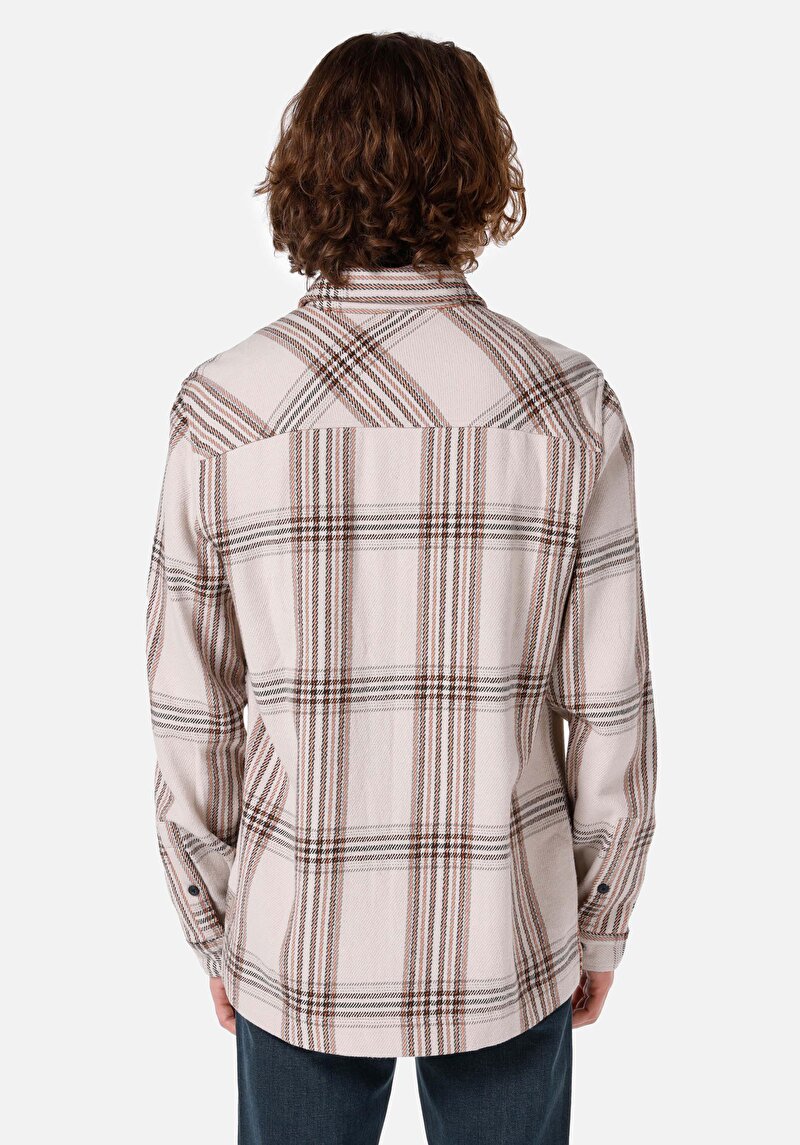 Comfort Fit Shirt Neck Ekoseli Erkek Bej Uzun Kol Gömlek