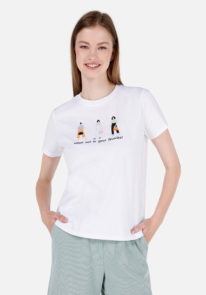 Regular Fit Yuvarlak Yaka Baskılı Kadın Beyaz Kısa Kol Tişört