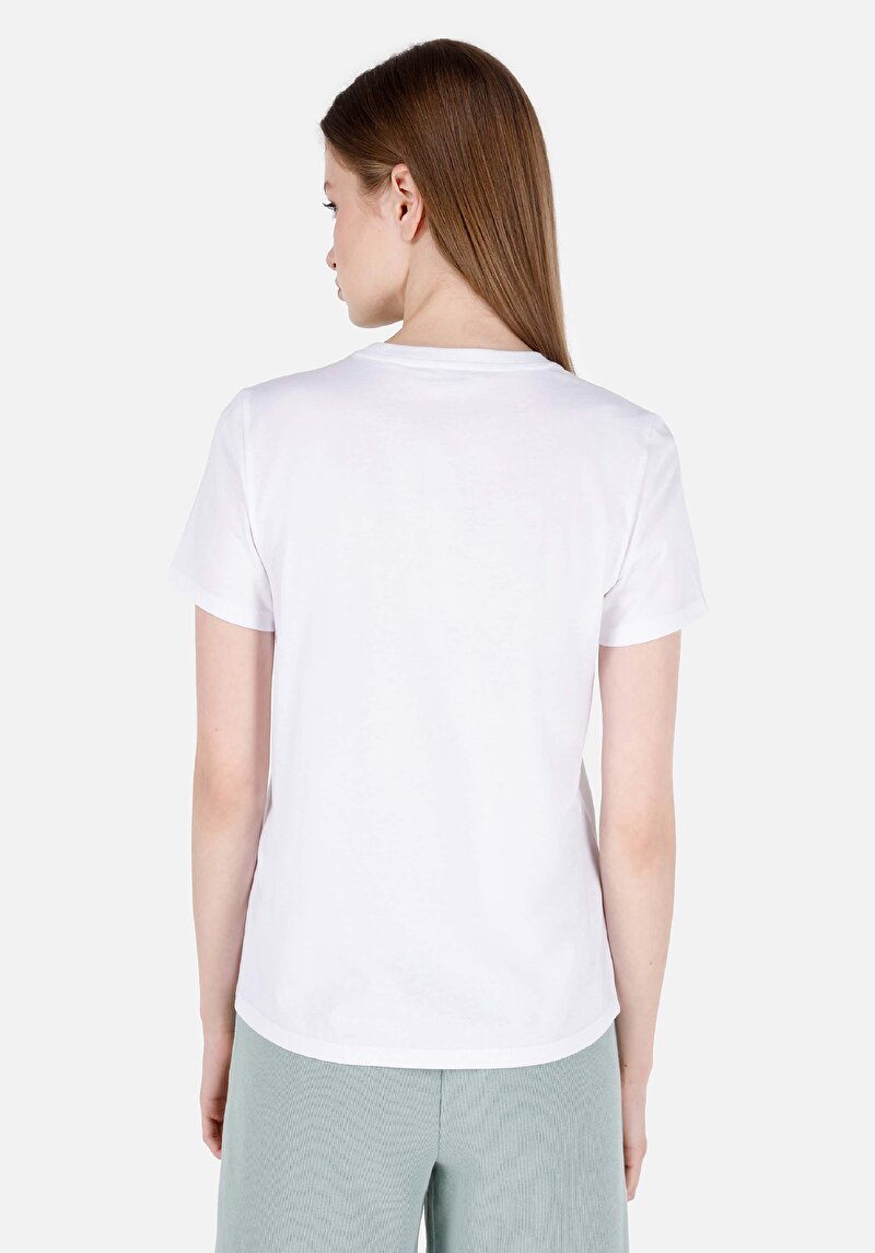Regular Fit Yuvarlak Yaka Baskılı Kadın Beyaz Kısa Kol Tişört