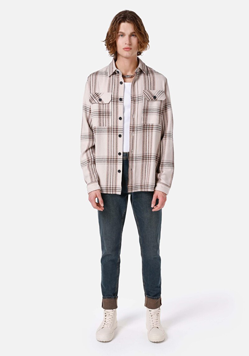 Comfort Fit Shirt Neck Ekoseli Erkek Bej Uzun Kol Gömlek