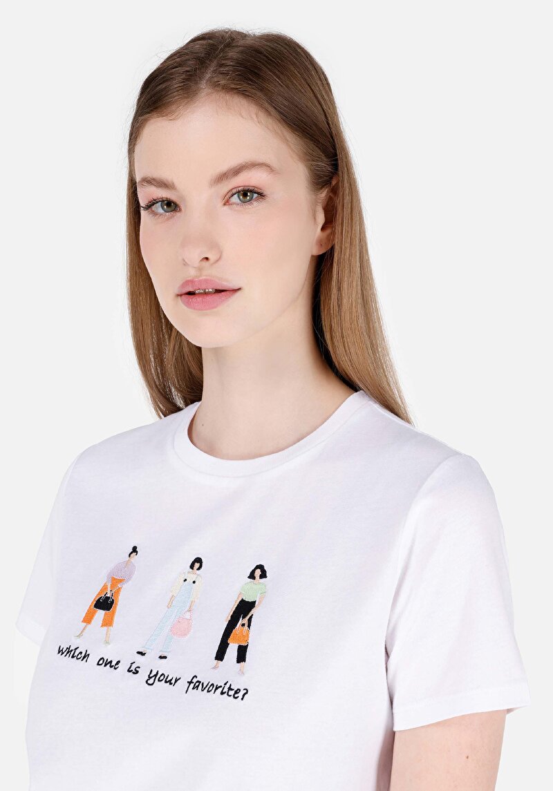 Regular Fit Yuvarlak Yaka Baskılı Kadın Beyaz Kısa Kol Tişört