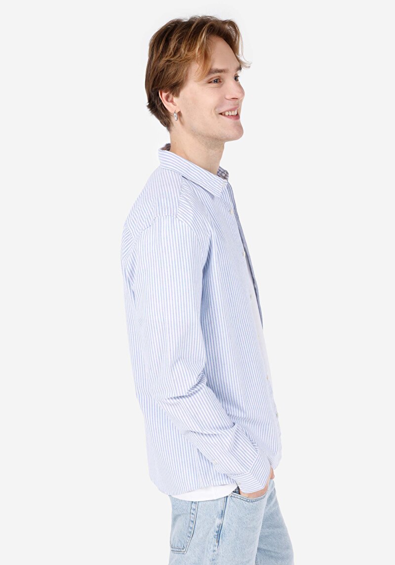 Slim Fit Shirt Neck Cepli Düz Erkek Mavi Uzun Kol Gömlek