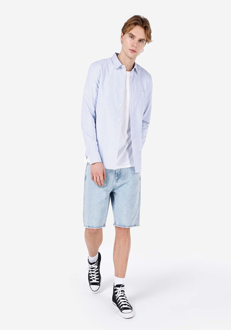 Slim Fit Shirt Neck Cepli Düz Erkek Mavi Uzun Kol Gömlek