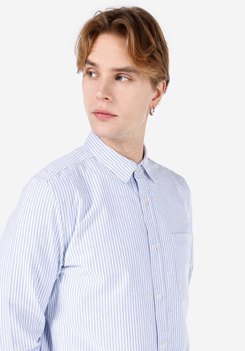 Slim Fit Shirt Neck Cepli Düz Erkek Mavi Uzun Kol Gömlek