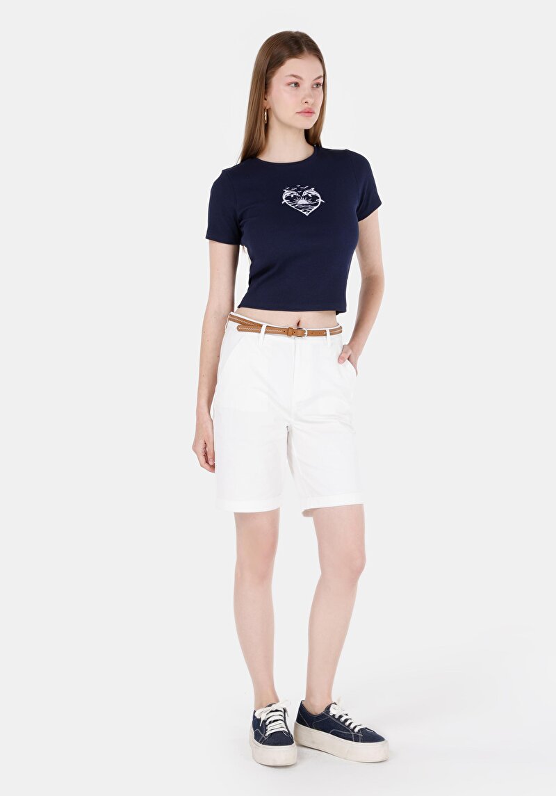 Slim Fit Yuvarlak Yaka Kadın Lacivert Kısa Kol Tişört