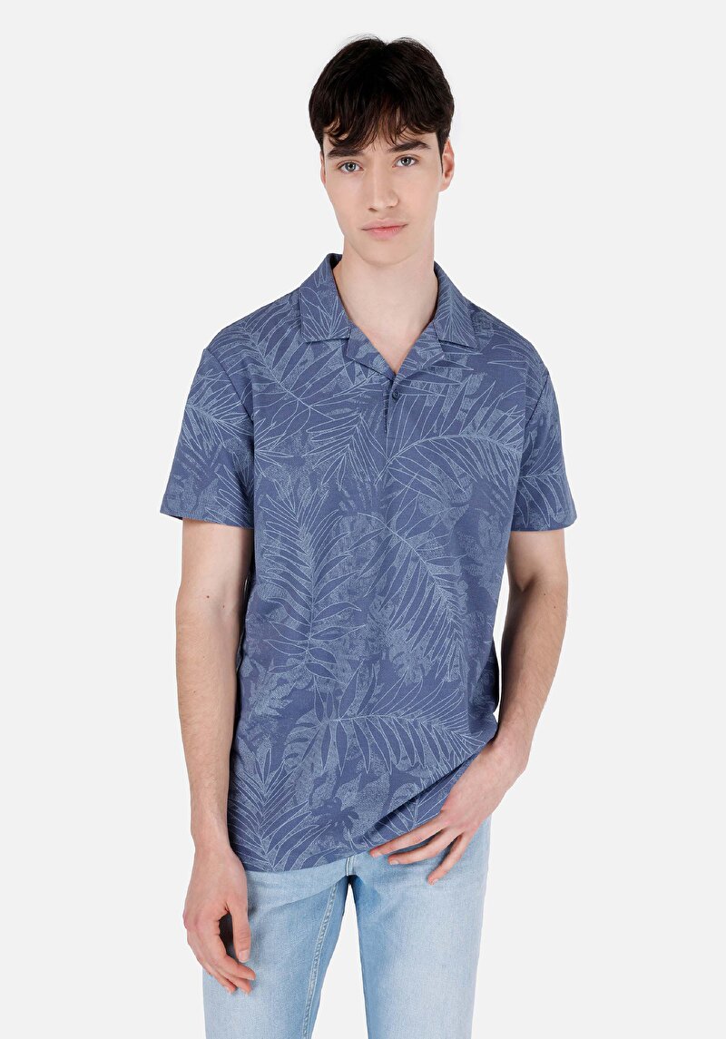 Comfort Fit Polo Yaka Baskılı Erkek Mavi Kısa Kol Tişört