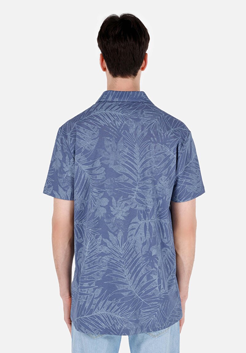 Comfort Fit Polo Yaka Baskılı Erkek Mavi Kısa Kol Tişört