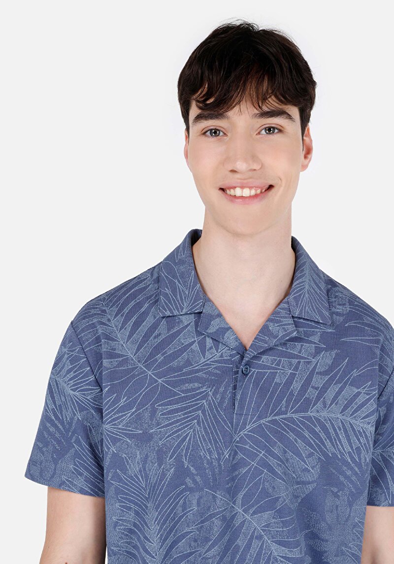 Comfort Fit Polo Yaka Baskılı Erkek Mavi Kısa Kol Tişört