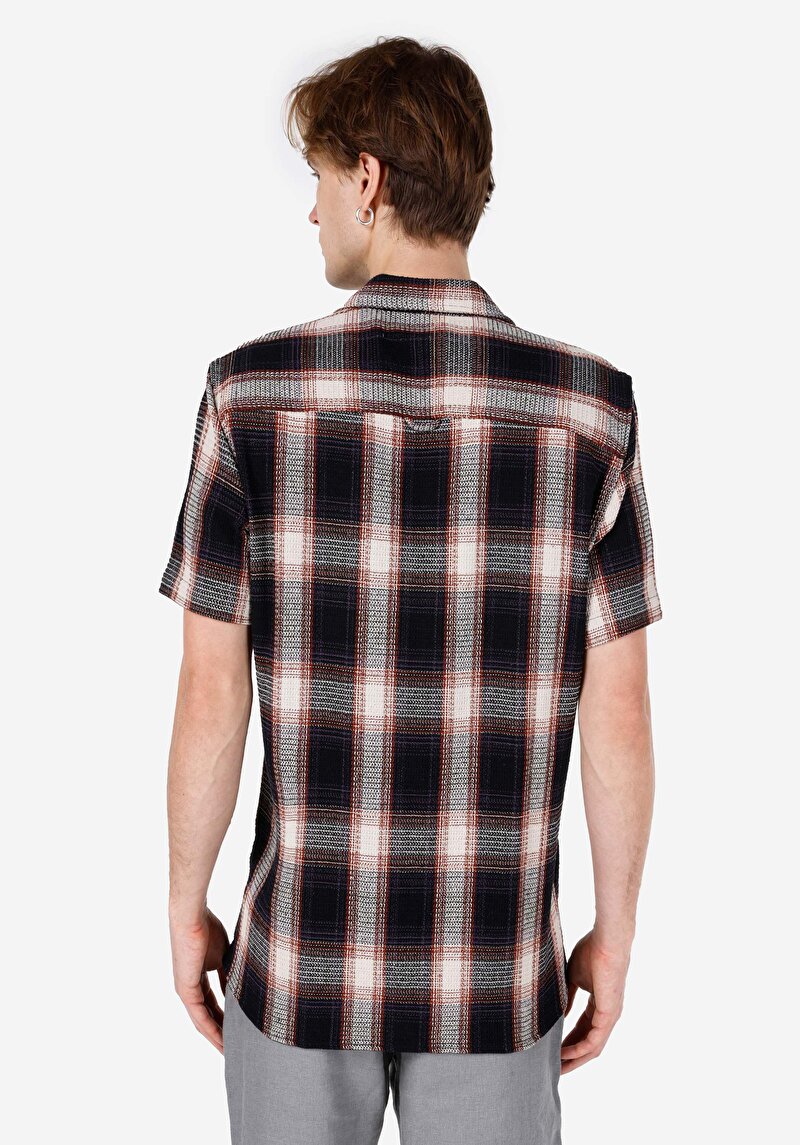 Regular Fit Shirt Neck Cepsiz Ekoseli Erkek Lacivert Kısa Kol Gömlek