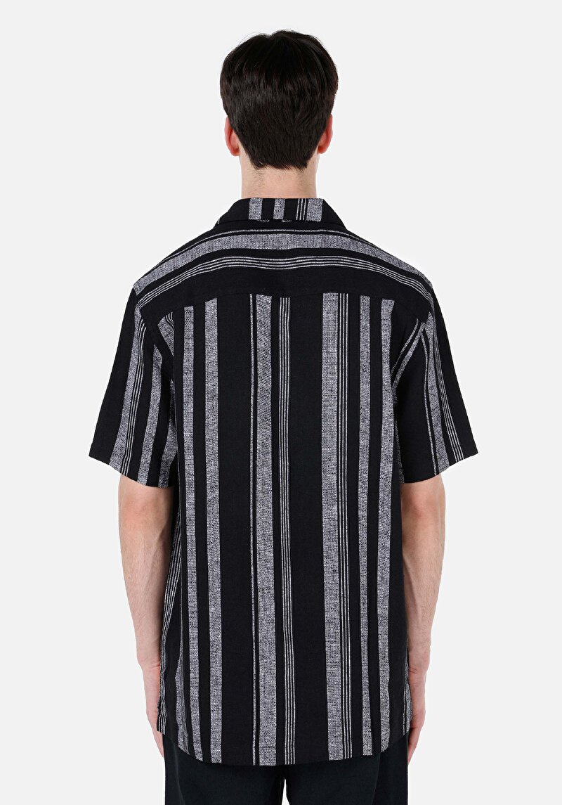 Regular Fit Shirt Neck Çizgili Erkek Siyah Kısa Kol Gömlek