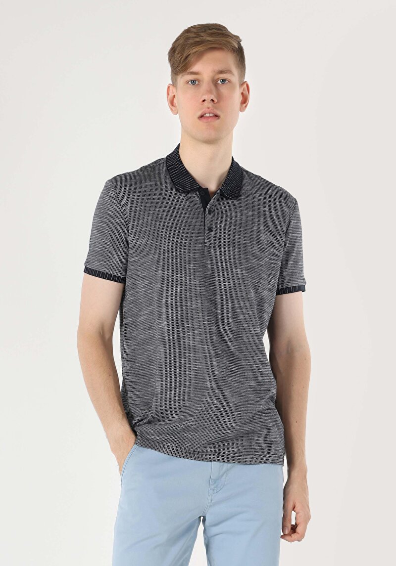 Regular Fit Polo Yaka Jakarlı Erkek Lacivert Kısa Kol Tişört