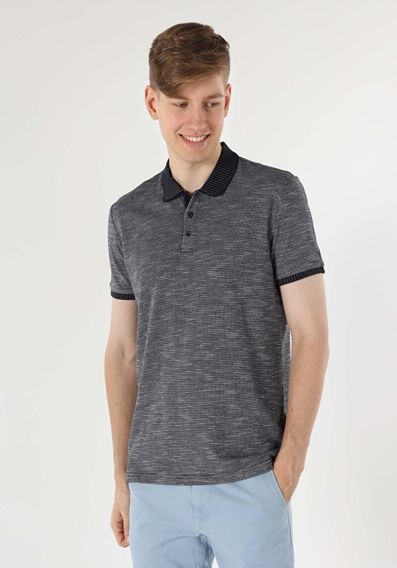 Regular Fit Polo Yaka Jakarlı Erkek Lacivert Kısa Kol Tişört