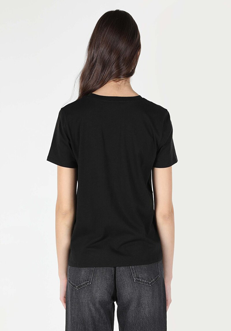 Regular Fit Yuvarlak Yaka Baskılı Kadın Siyah Kısa Kol Tişört