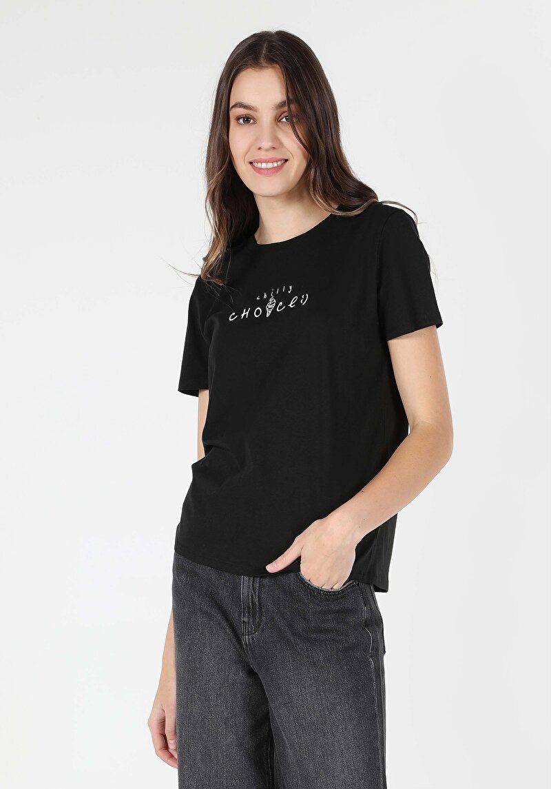 Regular Fit Yuvarlak Yaka Baskılı Kadın Siyah Kısa Kol Tişört