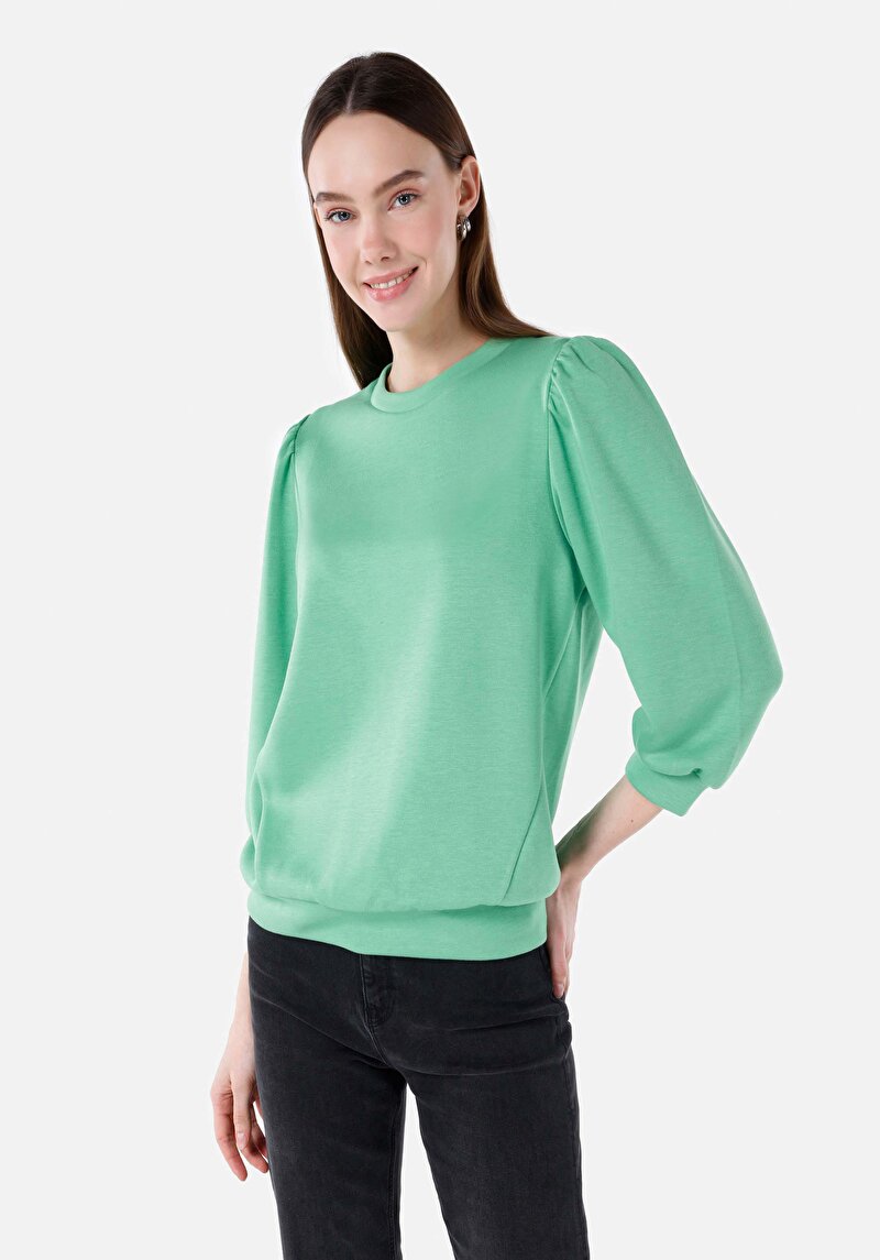 Regular Fit Yuvarlak Yaka Kadın Yeşil Uzun Kol Tişört