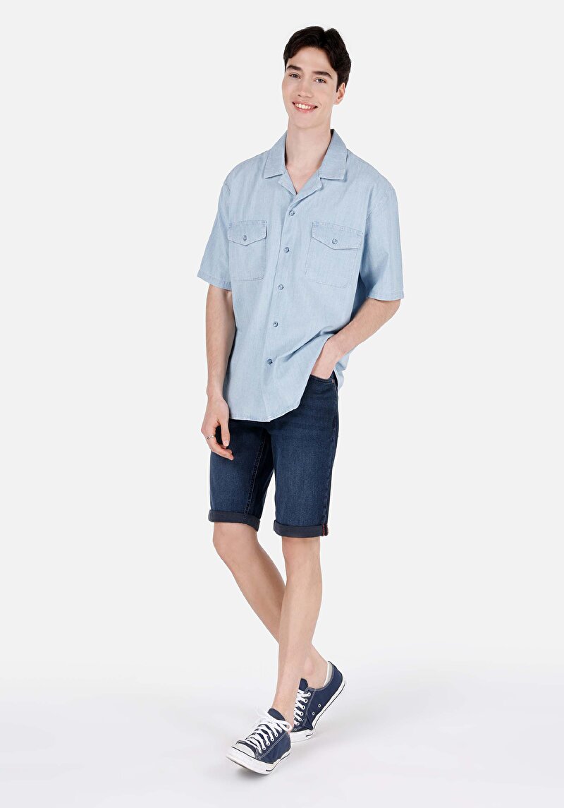 Oversize Fit Shirt Neck Düz Erkek Mavi Kısa Kol Gömlek