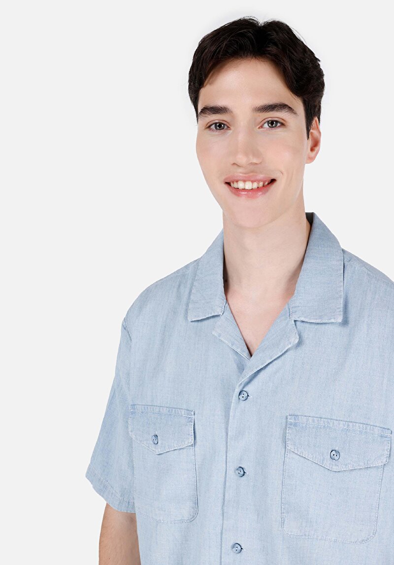 Oversize Fit Shirt Neck Düz Erkek Mavi Kısa Kol Gömlek