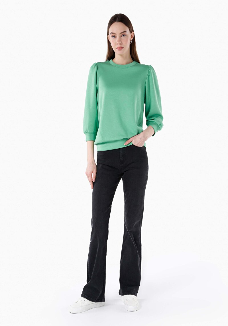 Regular Fit Yuvarlak Yaka Kadın Yeşil Uzun Kol Tişört