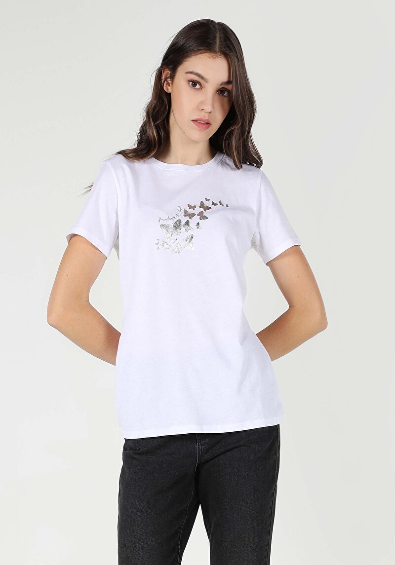 Regular Fit Yuvarlak Yaka Baskılı Kadın Beyaz Kısa Kol Tişört