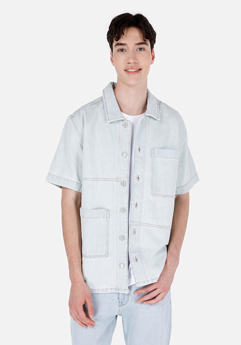 Regular Fit Klasik Yaka Düz Erkek Mavi Kısa Kol Gömlek