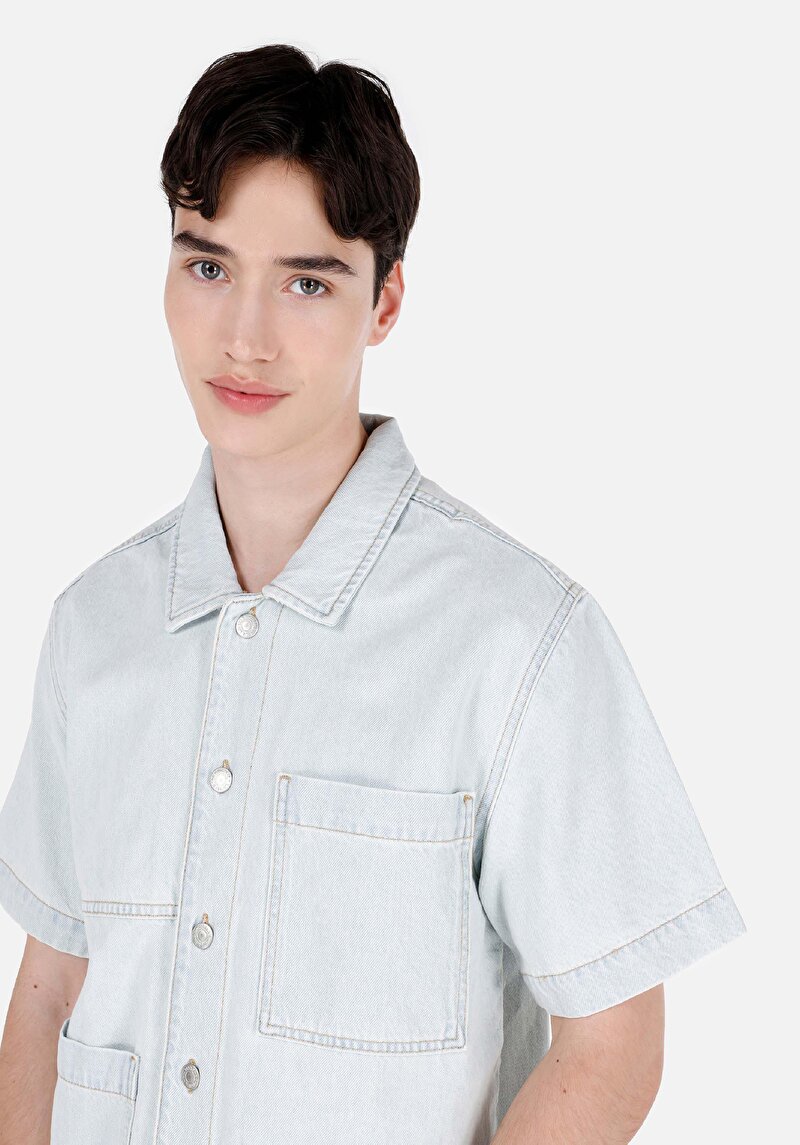 Regular Fit Klasik Yaka Düz Erkek Mavi Kısa Kol Gömlek