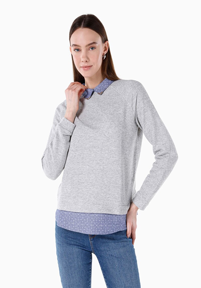 Regular Fit Shirt Neck Kadın Gri Uzun Kol Tişört