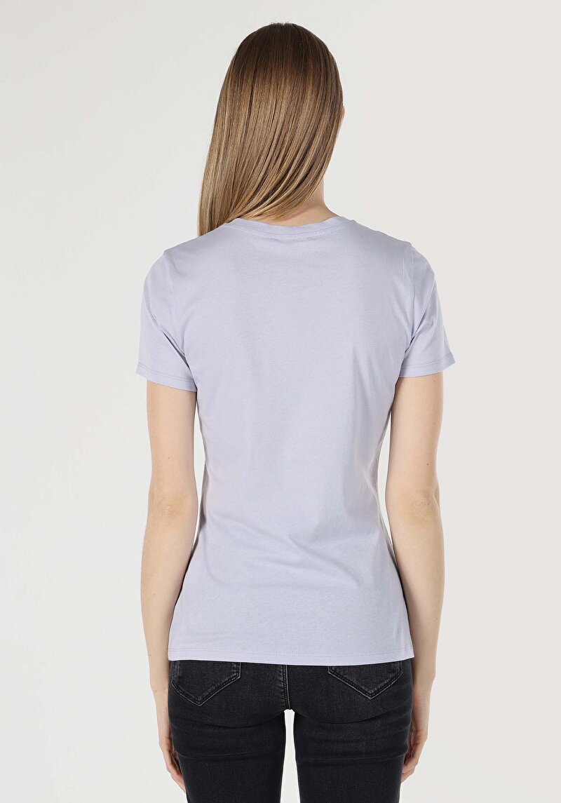 Regular Fit Yuvarlak Yaka Baskılı Kadın Mor Kısa Kol Tişört