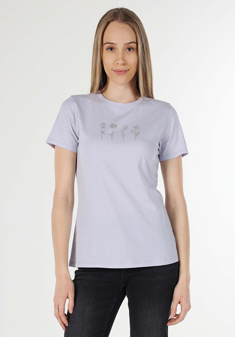 Regular Fit Yuvarlak Yaka Baskılı Kadın Mor Kısa Kol Tişört