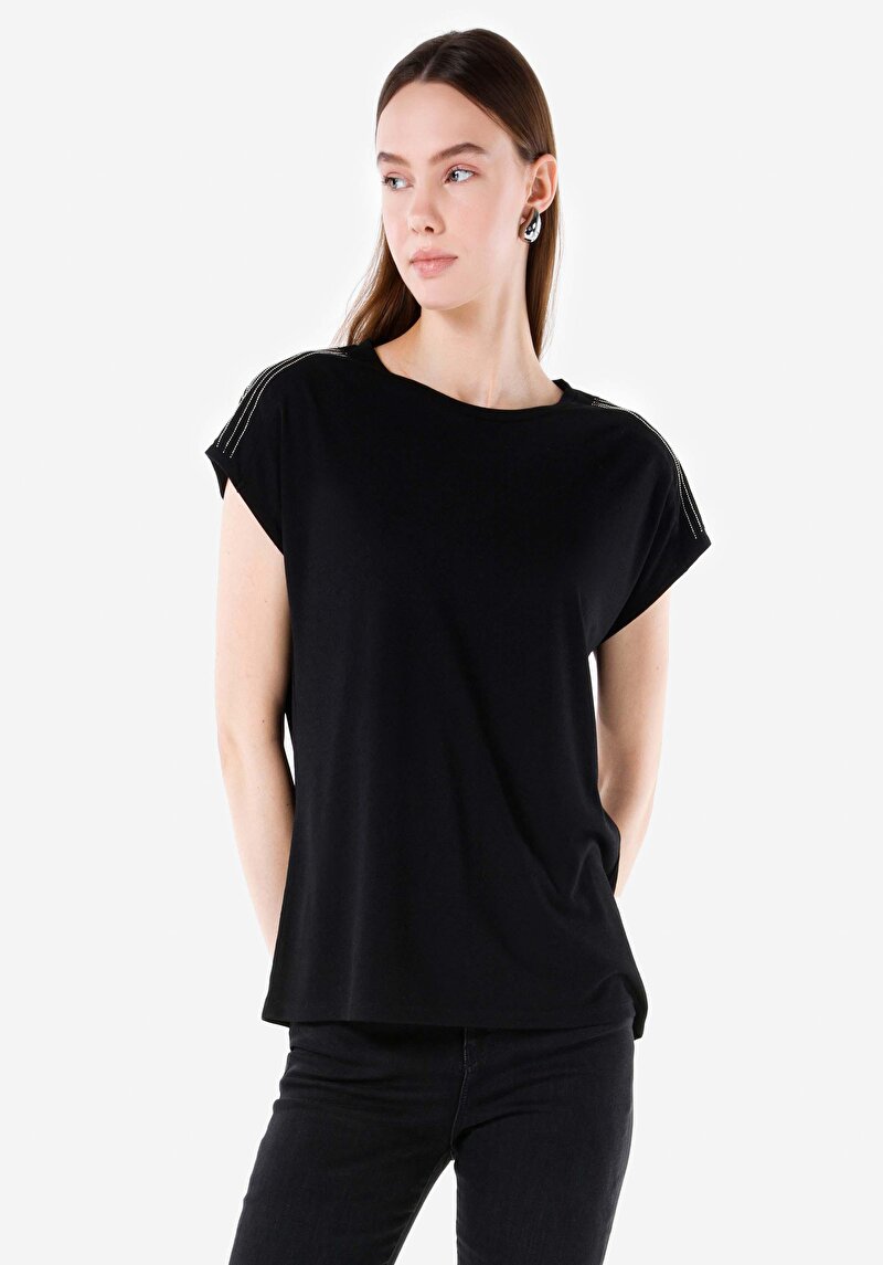 Regular Fit Yuvarlak Yaka Kadın Siyah Kısa Kol Tişört
