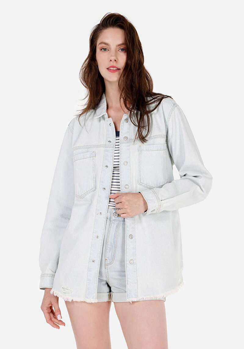 Regular Fit Klasik Bedenli Düz Kadın Mavi Uzun Kol Gömlek