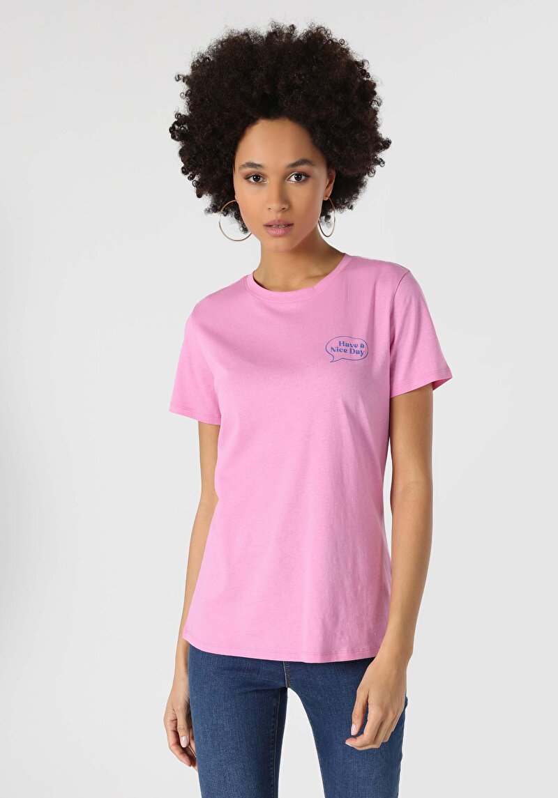 Regular Fit Cepsiz Yuvarlak Yaka Baskılı Kadın Pembe Kısa Kol Tişört