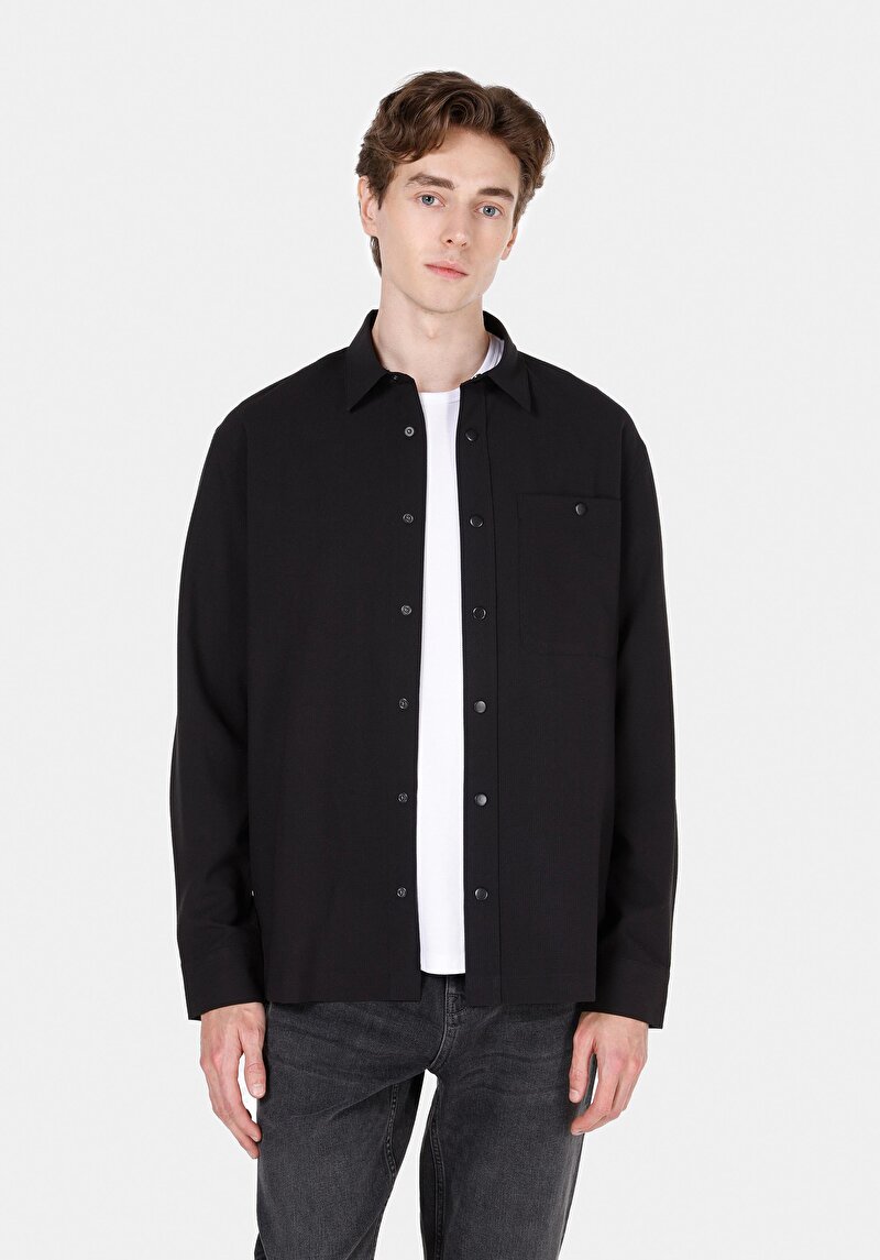 Regular Fit Shirt Neck Düz Erkek Siyah Uzun Kol Gömlek