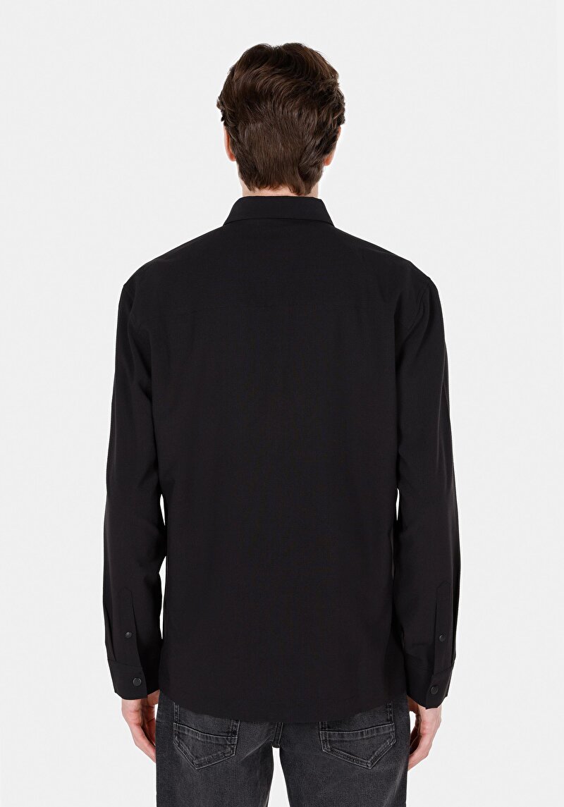 Regular Fit Shirt Neck Düz Erkek Siyah Uzun Kol Gömlek