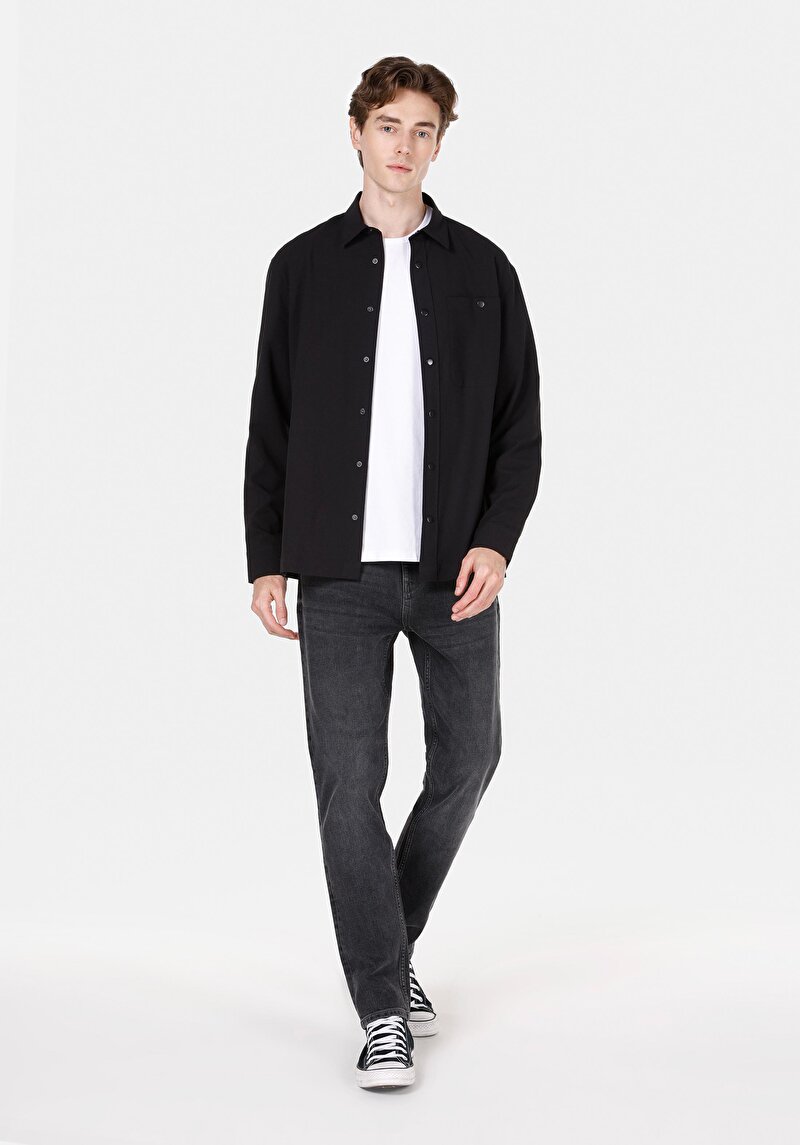Regular Fit Shirt Neck Düz Erkek Siyah Uzun Kol Gömlek