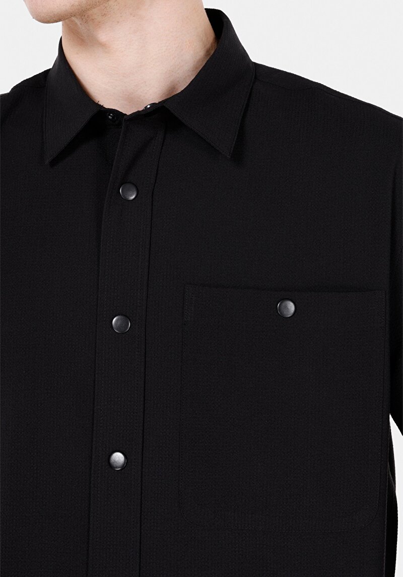 Regular Fit Shirt Neck Düz Erkek Siyah Uzun Kol Gömlek