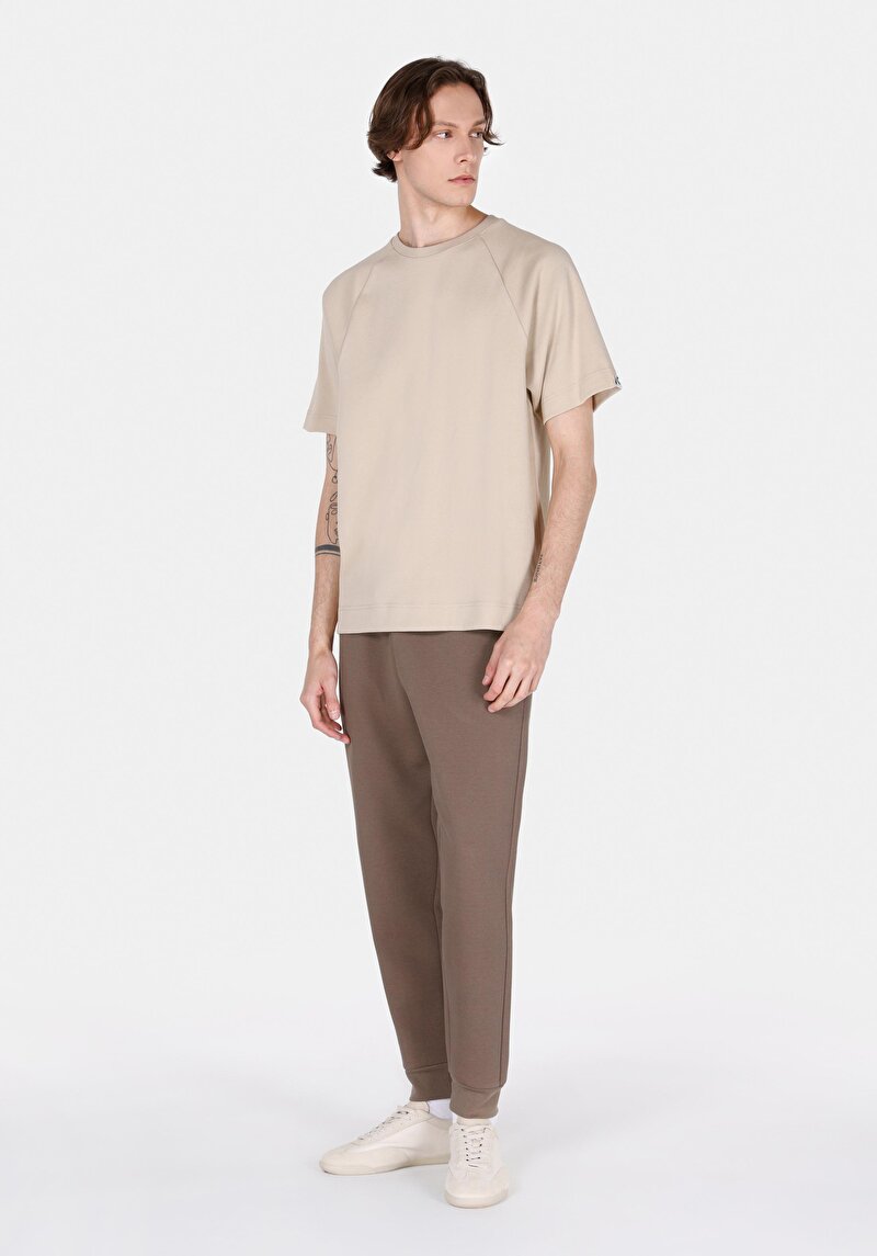 Comfort Fit Yuvarlak Yaka Düz Erkek Kahverengi Kısa Kol Tişört