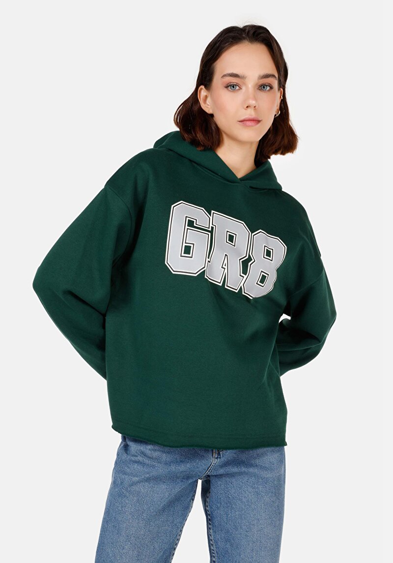 Comfort Fit Kapüşonlu  Kadın Yeşil Sweatshirt