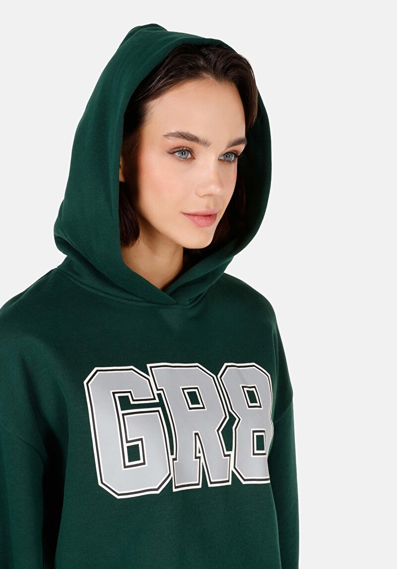 Comfort Fit Kapüşonlu Kadın Yeşil Sweatshirt