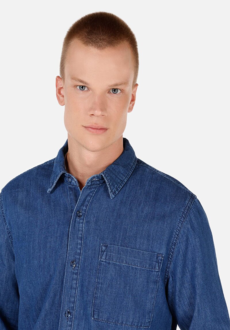 Regular Fit Pamuklu Klasik Yaka Erkek Mavi Uzun Kol Gömlek