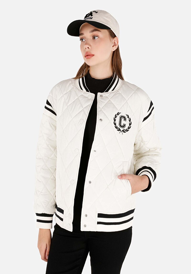 Regular Fit V Yaka Kadın Beyaz Mont