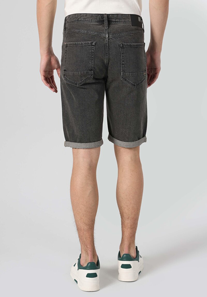 Regular Fit Orta Bel Düz Erkek Gri Jean Şort