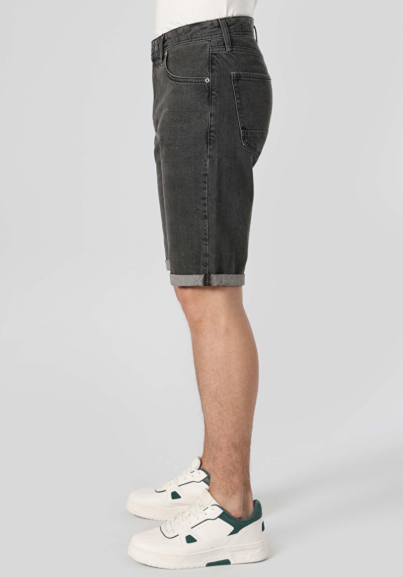 Regular Fit Orta Bel Düz Erkek Gri Jean Şort