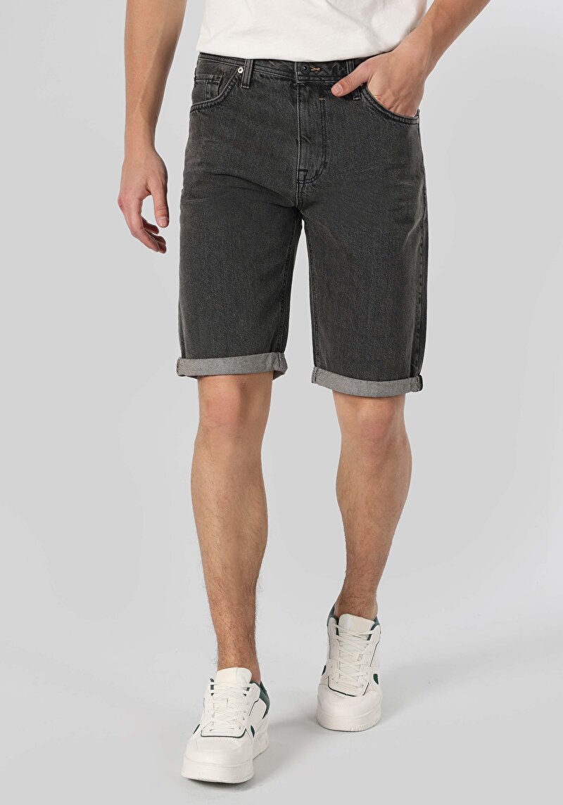 Regular Fit Orta Bel Düz Erkek Gri Jean Şort