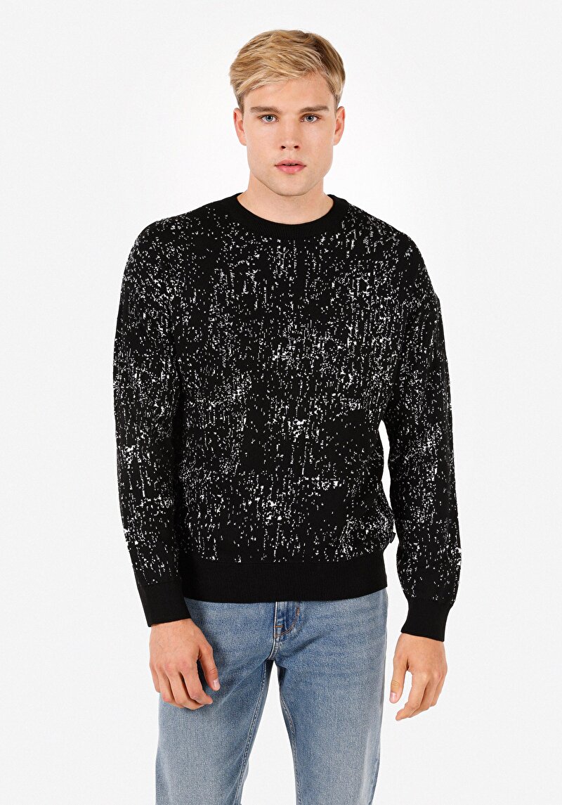 Regular Fit Yuvarlak Yaka Jakarlı Erkek Siyah Kazak