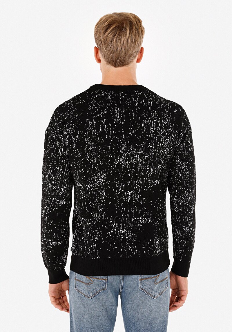 Regular Fit Yuvarlak Yaka Jakarlı Erkek Siyah Kazak