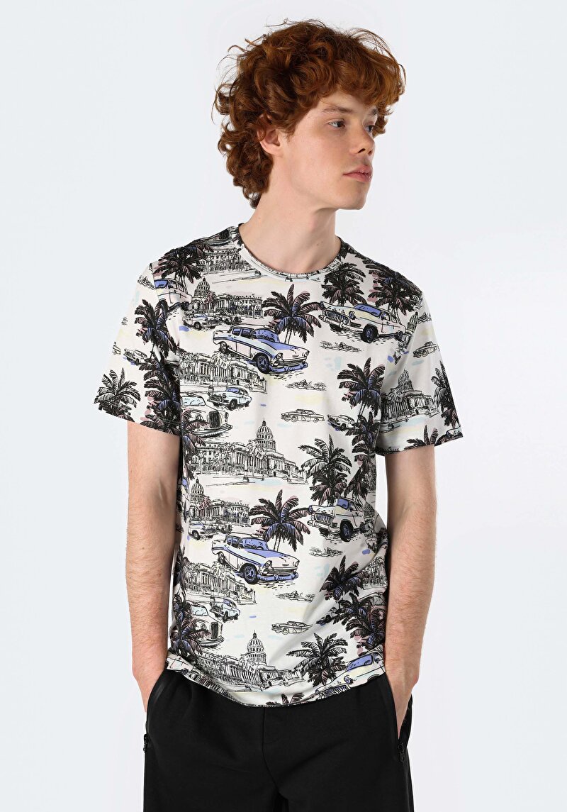 Regular Fit Yuvarlak Yaka Baskılı Erkek Çok Renkli Kısa Kol Tişört