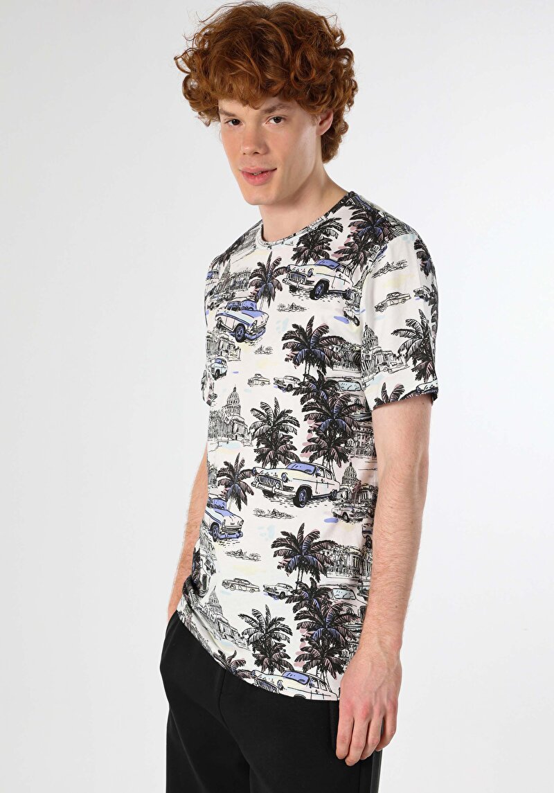 Regular Fit Yuvarlak Yaka Baskılı Erkek Çok Renkli Kısa Kol Tişört