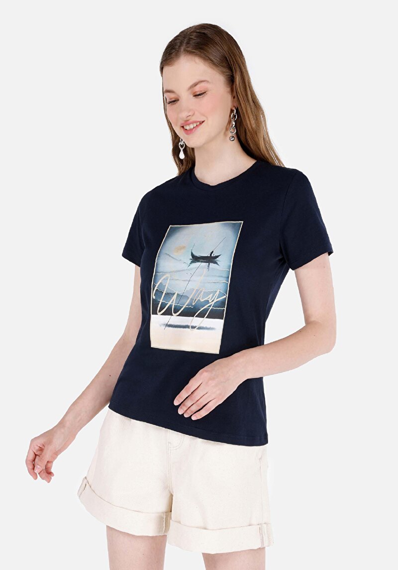 Regular Fit Yuvarlak Yaka Kadın Lacivert Kısa Kol Tişört