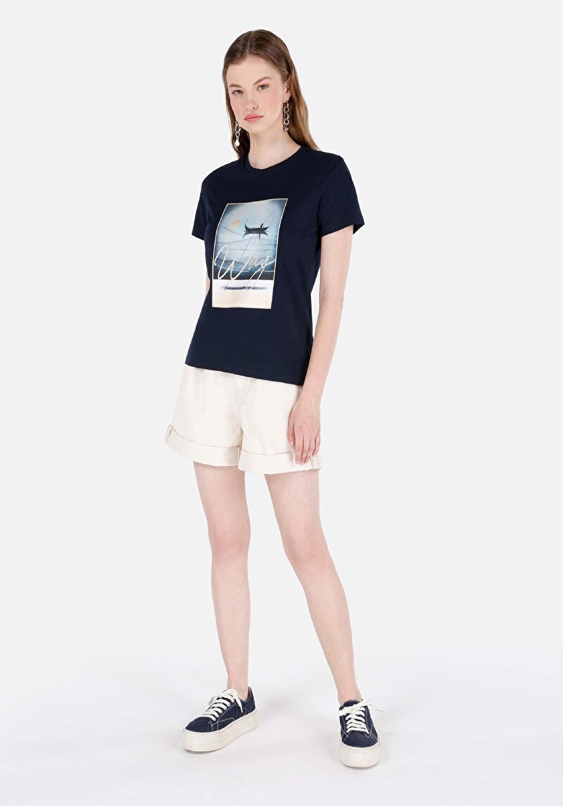 Regular Fit Yuvarlak Yaka Kadın Lacivert Kısa Kol Tişört